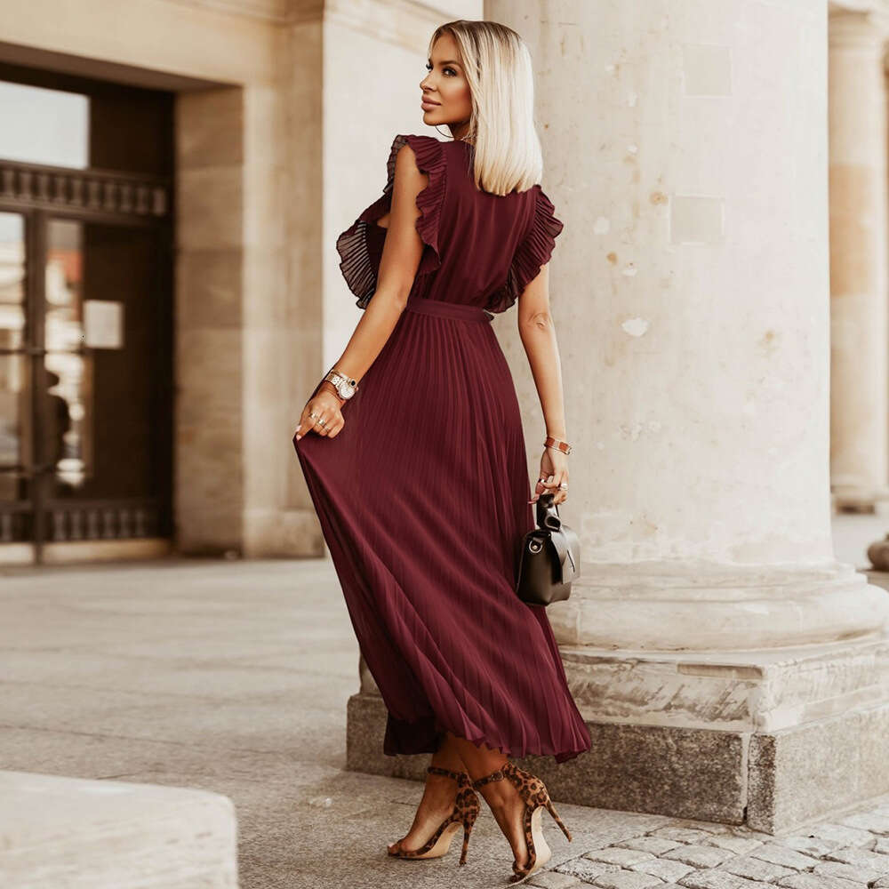 Dress for women European and American Style Elegant Beach Long Fashion Slim Sexy Ruffle Sleeve Chiffon Pleated Solid Color Dress, Vacation Maxi Outfit