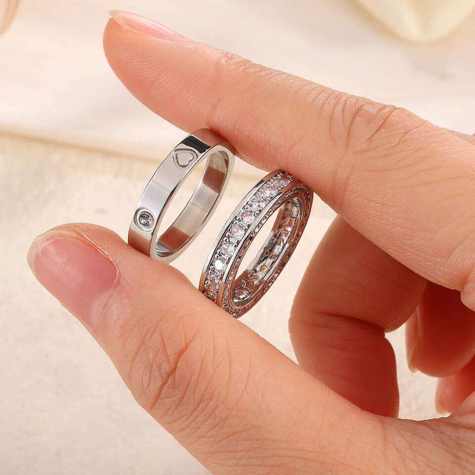 ZAKOL New Sliver Color Stainless Steel Couple Shiny Zircon Engagement Rings Proposal Wedding Ring Jewelry