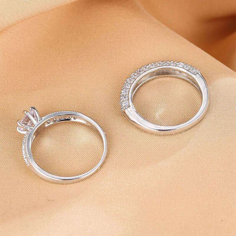 2 PCs Luxury Zircon Eternity Band Rings Set For Women Round Gold Color Ring Girls Party Wedding Engagement Jewelry Gift