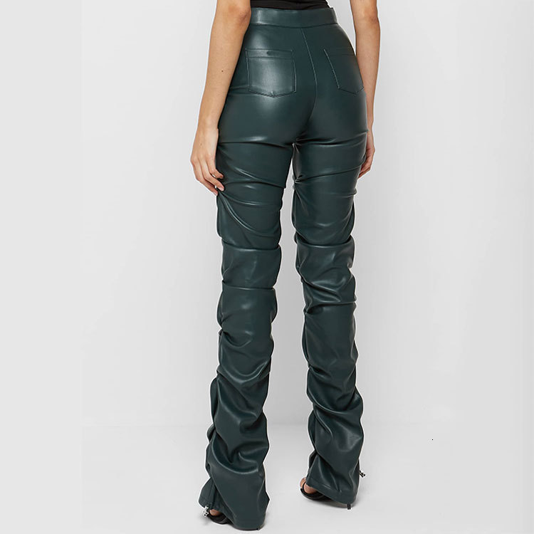 Womens Fashion Tight PU Leather Pants Unique Folded Flared Pants for Women All Seasons Style CX200804