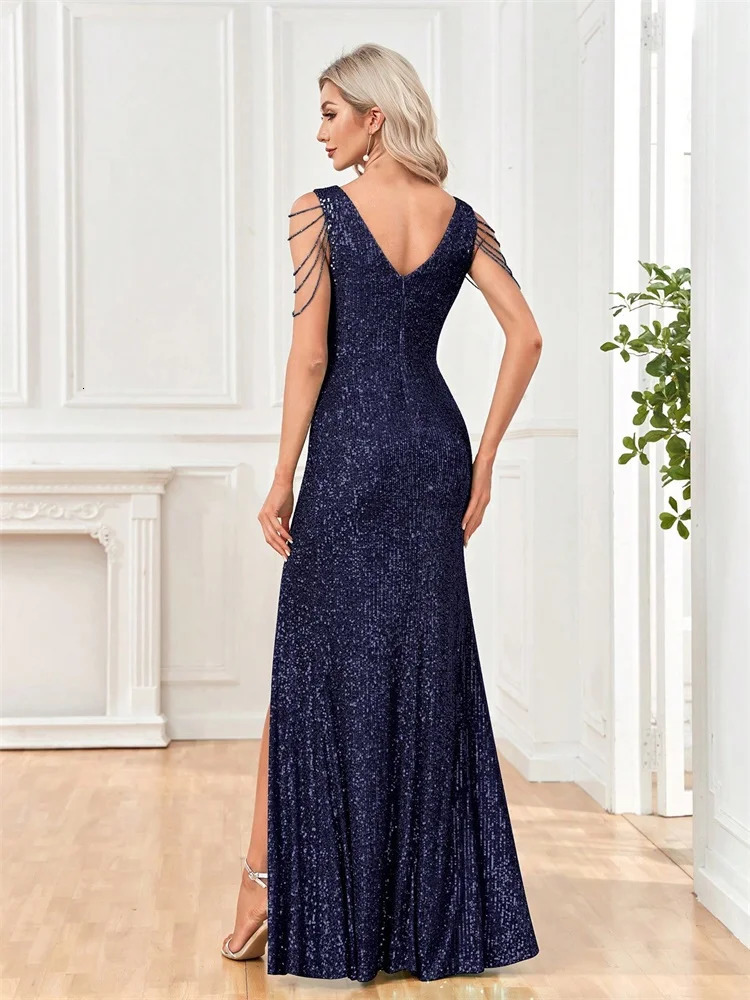Elegant V-neck Sequins Slit Floor Length Formal Evening Dresses sleeveless Bridesmaid Wedding Party Beading Cocktail Gown 251219