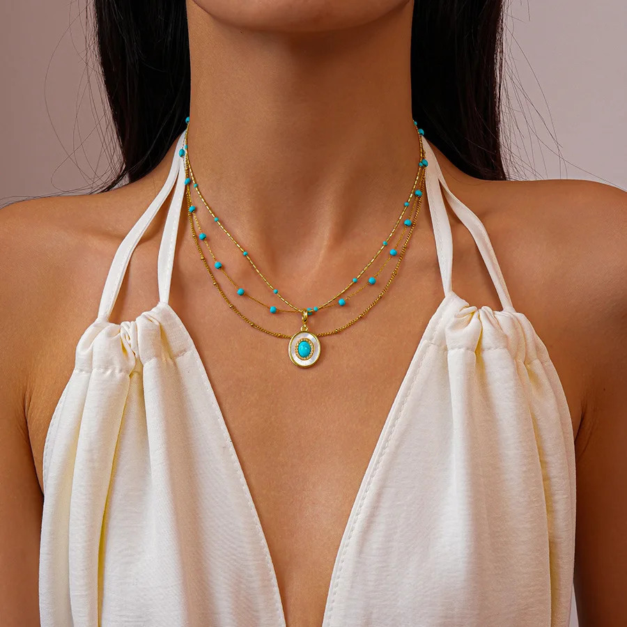 Natural Turquoise Oval Shell Pendant Necklace for Women Ethnic Style Exquisite Zircon Sexy Collarbone Chain Trendy Jewelry C1 251224