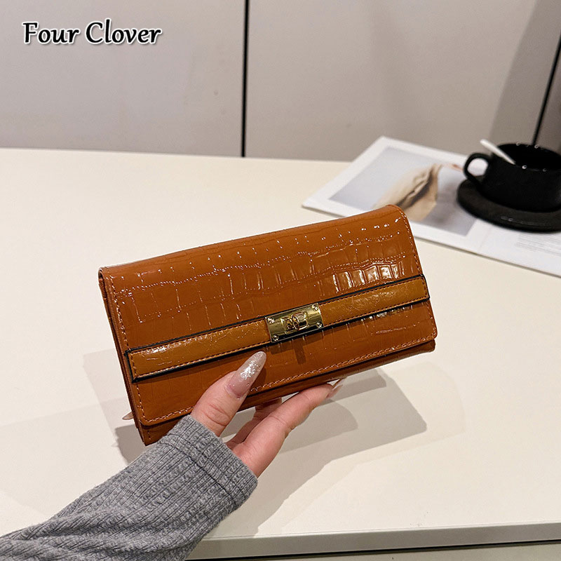 Niche high-end long wallet for women, vintage multi-card slot money clip, large-capacity multifunctional phone wallet, casual glossy money bag, luxuri