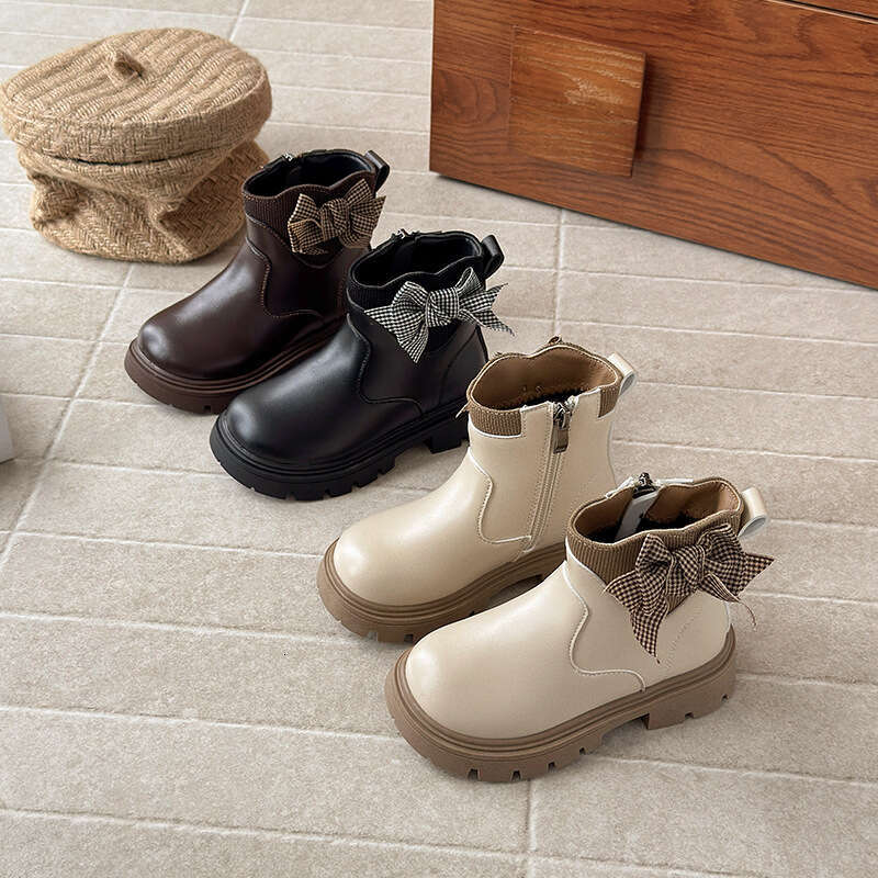 INS French Style Leather 2025 Autumn Winter New Korean Version Girls' Houndstooth Bow Martin Fleece-Lined Short Boots