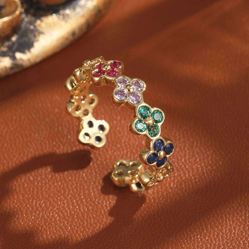 ZAKOL Colorful Zircon Five-leaf Flower Clover Adjustable Open Rings for Women Exquisite 18K Gold Birthday Jewelry Gifts