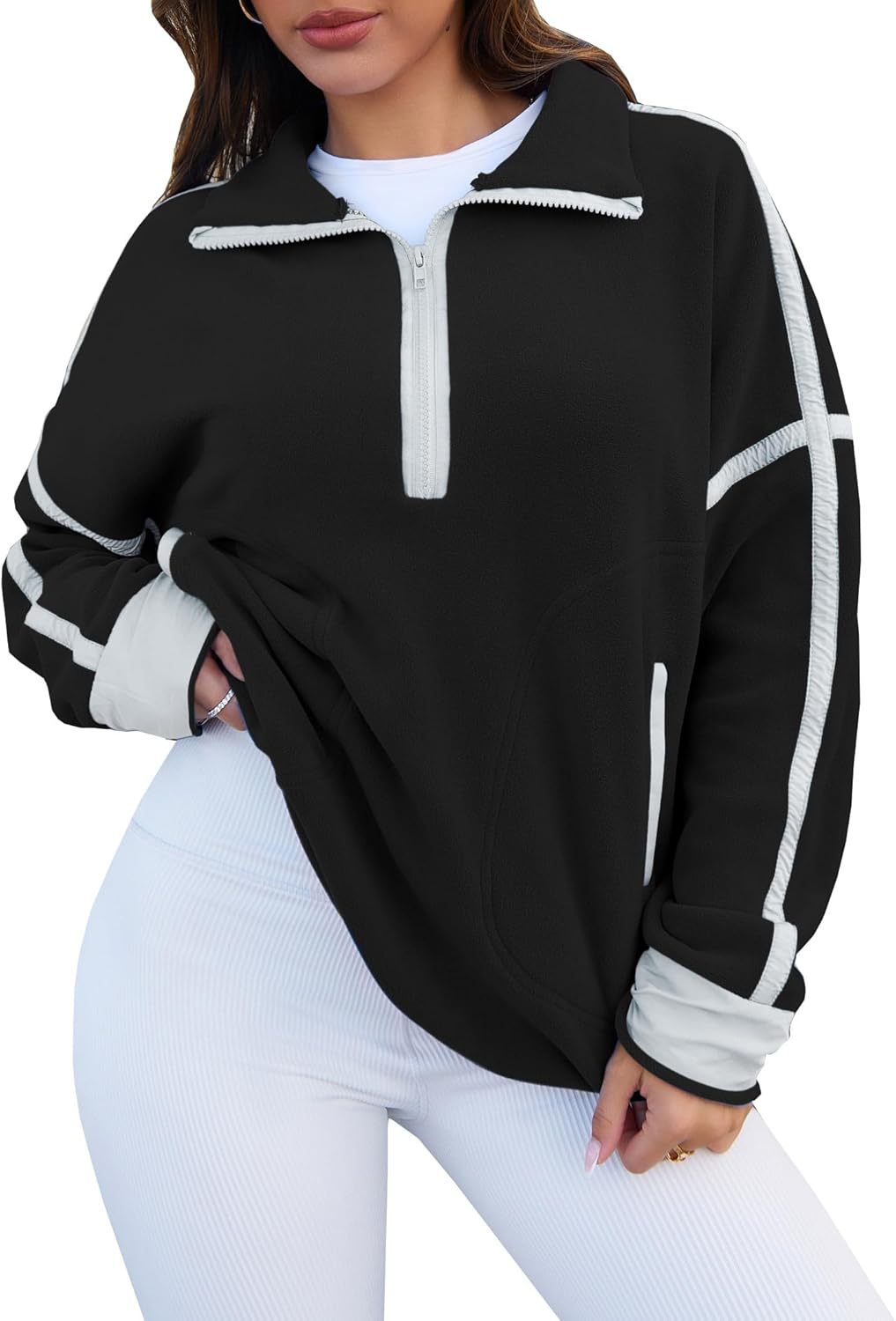 Women's Half Zip Patchwork Sweatshirt Casual Fashion Long-Sleeve Stand Collar Pullover Versatile Color-Block Polar Fleece Top With Pocket