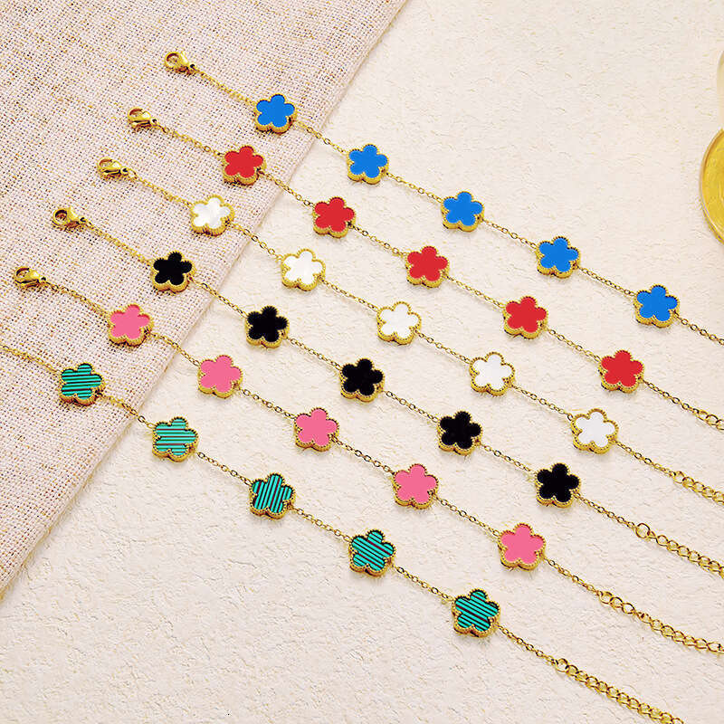 Titanium Steel Lucky Clover Five-Leaf Flower Bracelet Simple Fashion Versatile Light Luxury High-End Double-Sided Mother-of-Pearl Jewelry