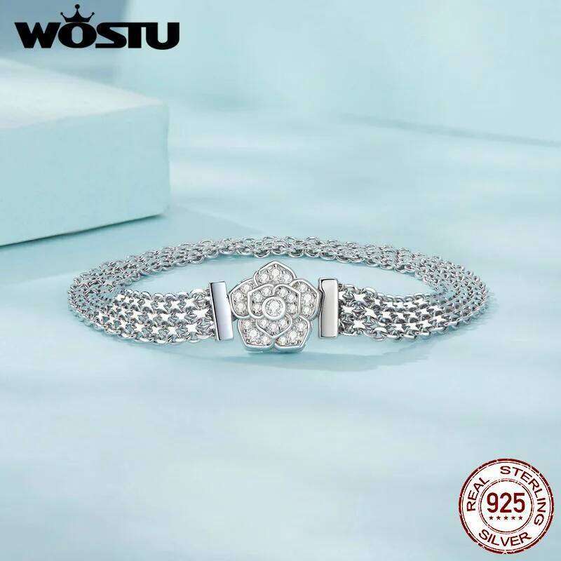 WOSTU 925 Sterling Silver Rose Flower Basic Flat wide chain Bracelet Fit Charms Beads DIY Jewelry Party Birthday Gift 25H1229