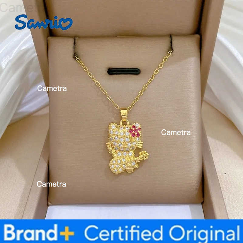Sanrio Stainless Steel Chain Hello Kitty Playing The Guitar Pendant Necklace for Women Teen Girls Cute Zircon Jewelry Gifts H251229