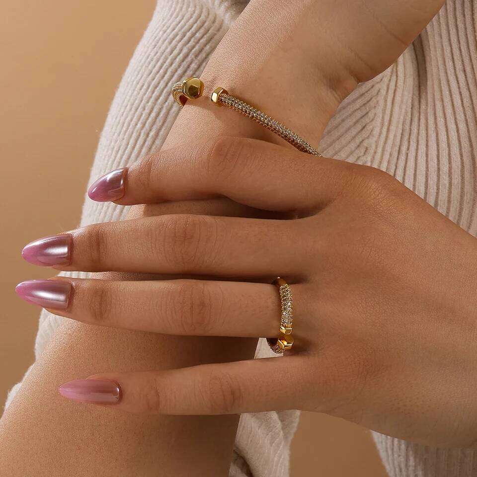 ZAKOL Shiny Micro Zircon Nail Head Adjustable Bracelet Ring Luxury Copper Metal 18K Gold Color Wedding Engagement Jewelry