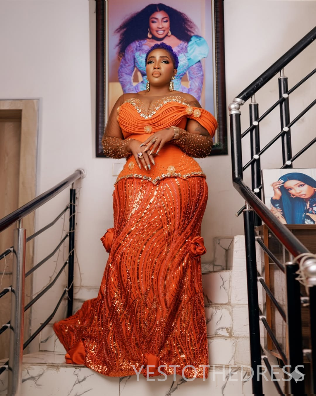 2026 Plus Size Orange Prom Dress Mermaid Evening Dress Robe De Soiree Sheer Neck Long Sleeves Beaded Lace Crystals Birthday Dress Second Reception Gow