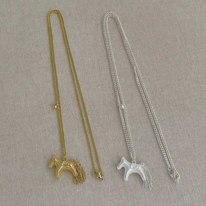 Minar Korean Fashion Metallic Cartoon Horse Chain Tassel Pendant Necklaces for Women Girls Gold Silver Plated Link Chain Chokers Y251227