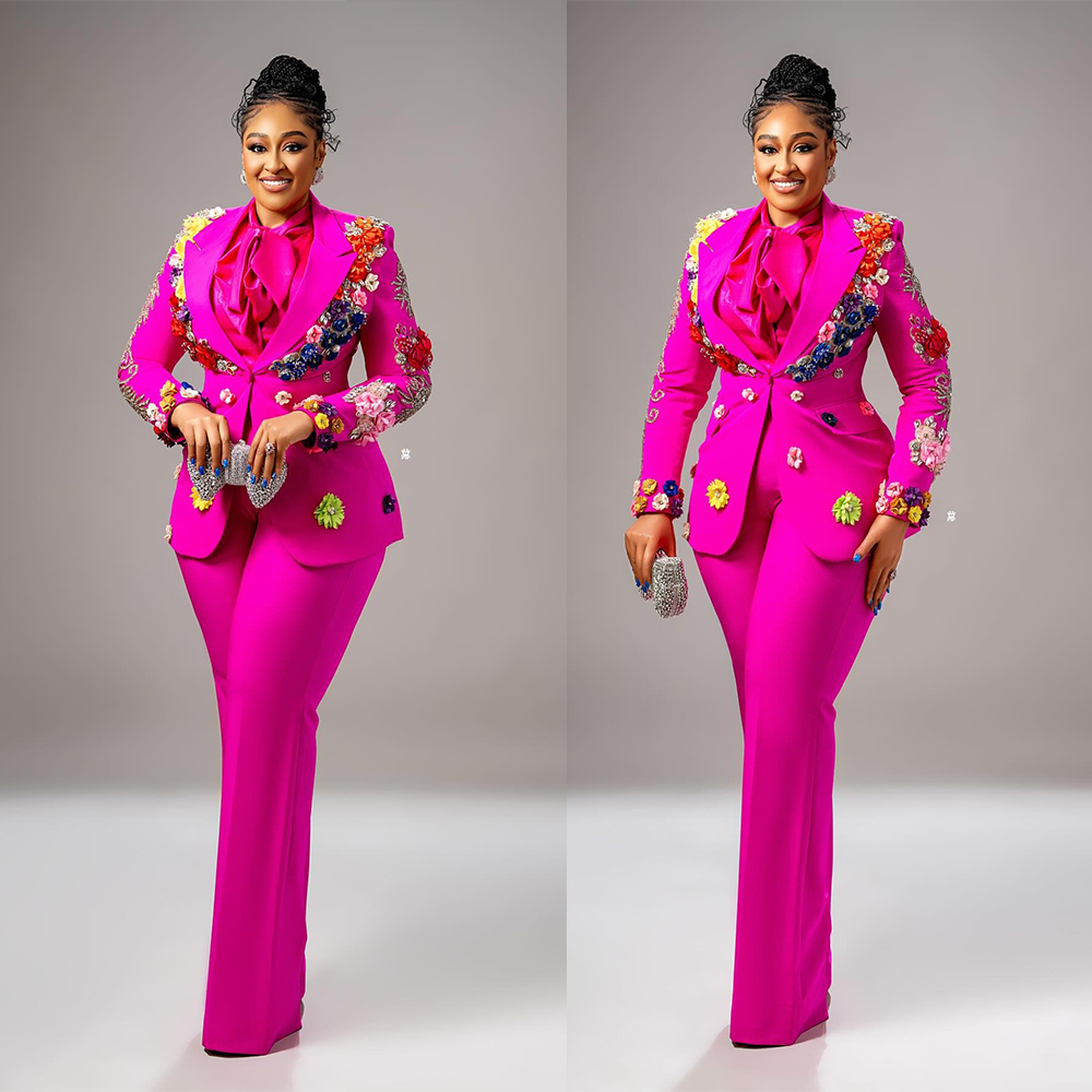 Hand Made Flowers Women Pants Suits Slim Fit Peaked Lapel Evening Party Ladies Tuxedos For Wedding Banquet 2 Pieces