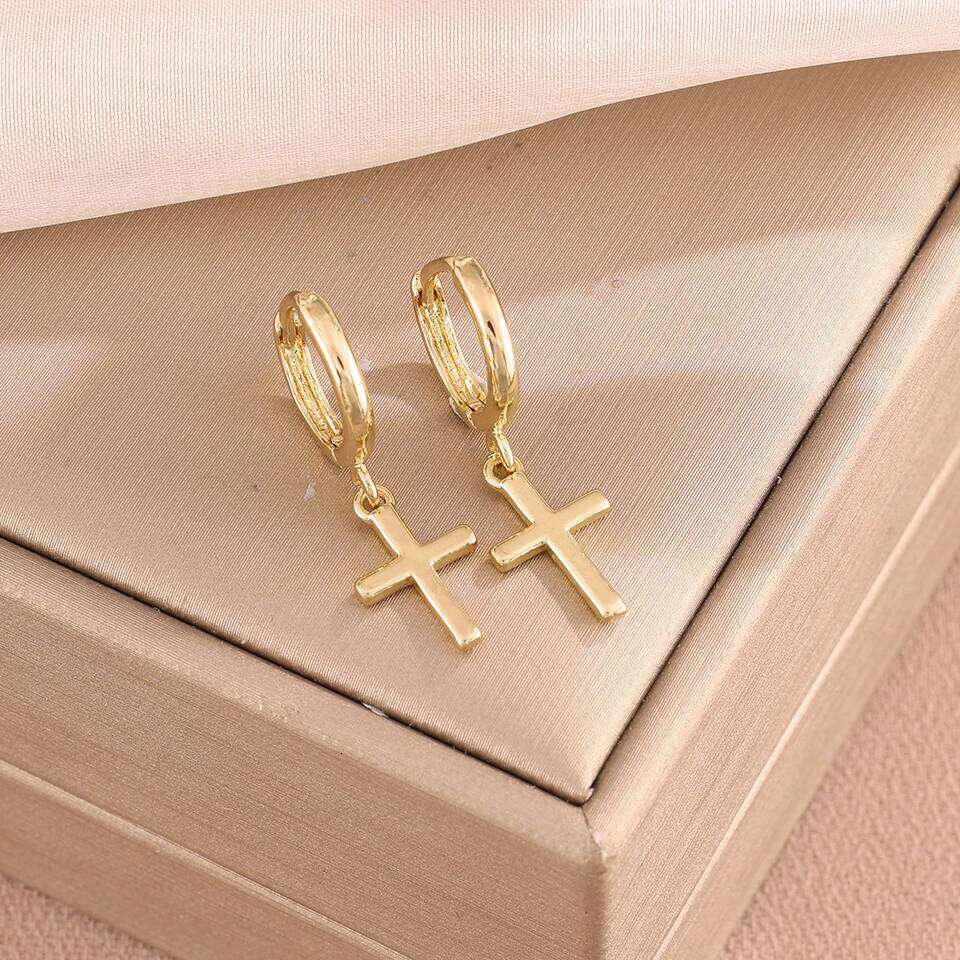 ZAKOL Golden Stainless Steel Jesus Cross Pendant Earrings for Women Men Fashion Hoop Earring Simple Daily Ear Accessories