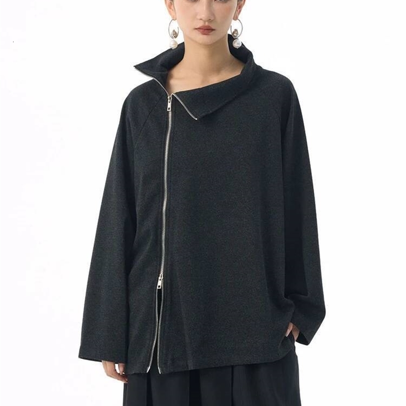 EAM Black Gray Zipper Casual Sweatshirt Turtleneck Long Sleeve Women Big Size Fashion Spring Autumn 1DJ5212 251219