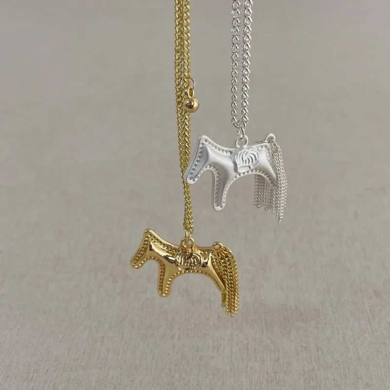 Minar Korean Fashion Metallic Cartoon Horse Chain Tassel Pendant Necklaces for Women Girls Gold Silver Plated Link Chain Chokers Y251227