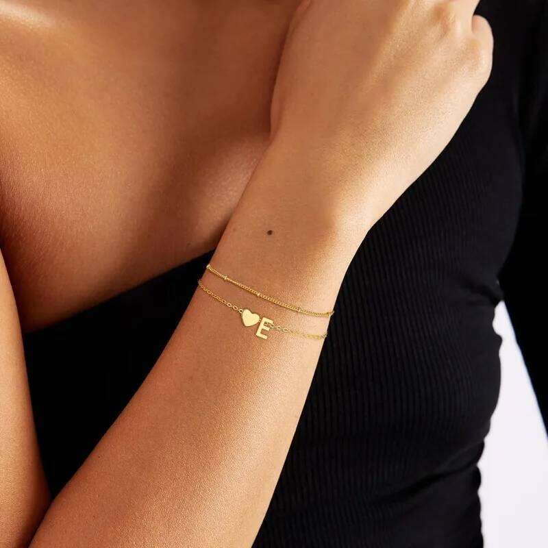 Bracelets for Women Girls Waterproof 18K Gold Plated Stainless Steel Heart Initial Bracelet Trendy Stuff Jewelry Gifts 25H1229