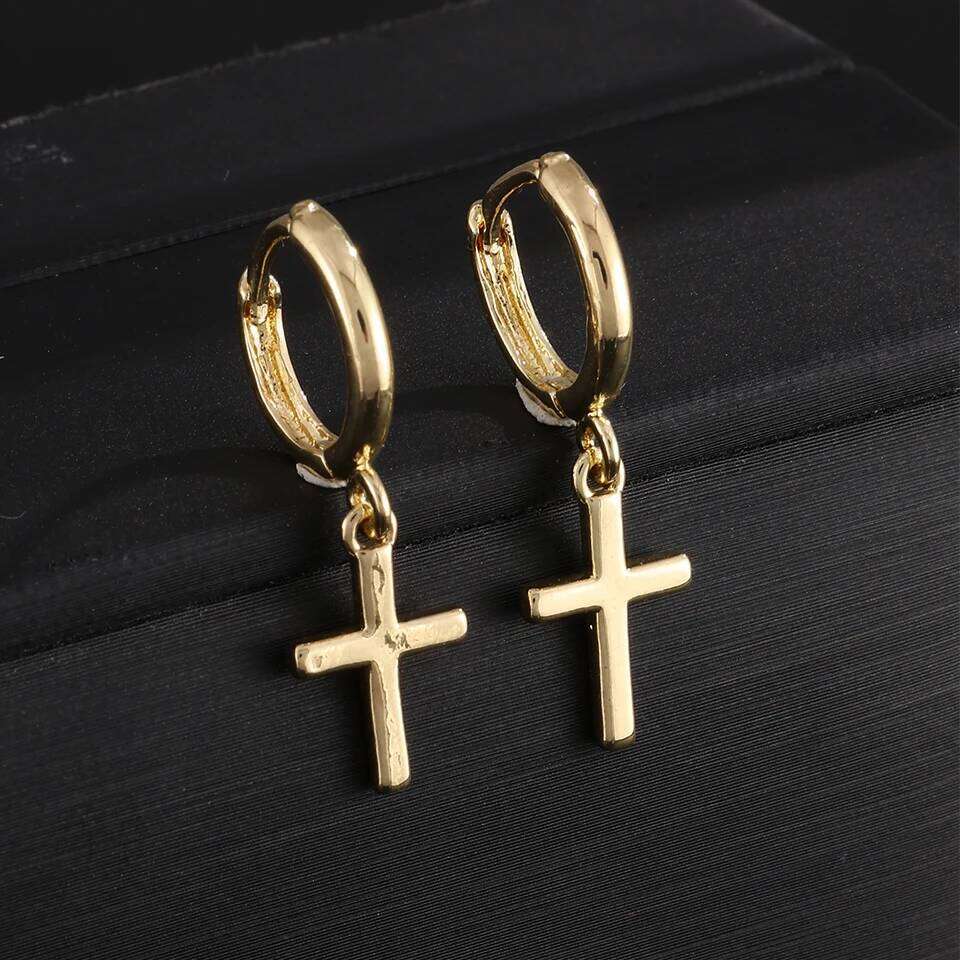 ZAKOL Golden Stainless Steel Jesus Cross Pendant Earrings for Women Men Fashion Hoop Earring Simple Daily Ear Accessories