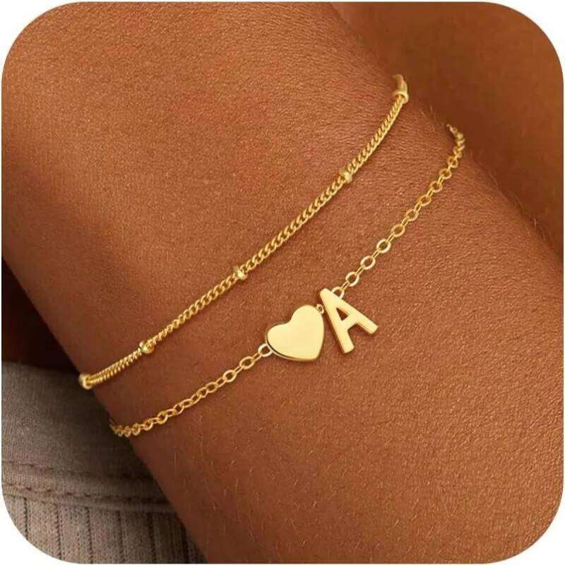 Bracelets for Women Girls Waterproof 18K Gold Plated Stainless Steel Heart Initial Bracelet Trendy Stuff Jewelry Gifts 25H1229