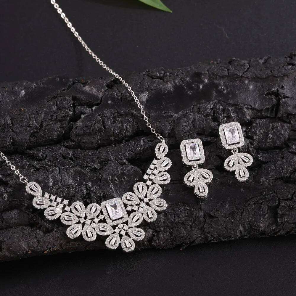 ZAKOL Classic Geometric Water Drop Full Big Zircon Earrings Necklace Set for Women Luxury Sparkling Bridal Wedding Jewelry