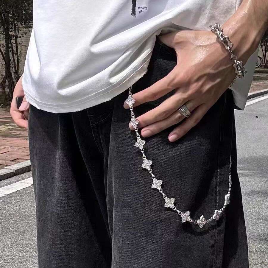 Papr Original "Handmade In Stock" Shiny Wide Four-Leaf Clover Cleanfit Silver Gemstone Pants Chain