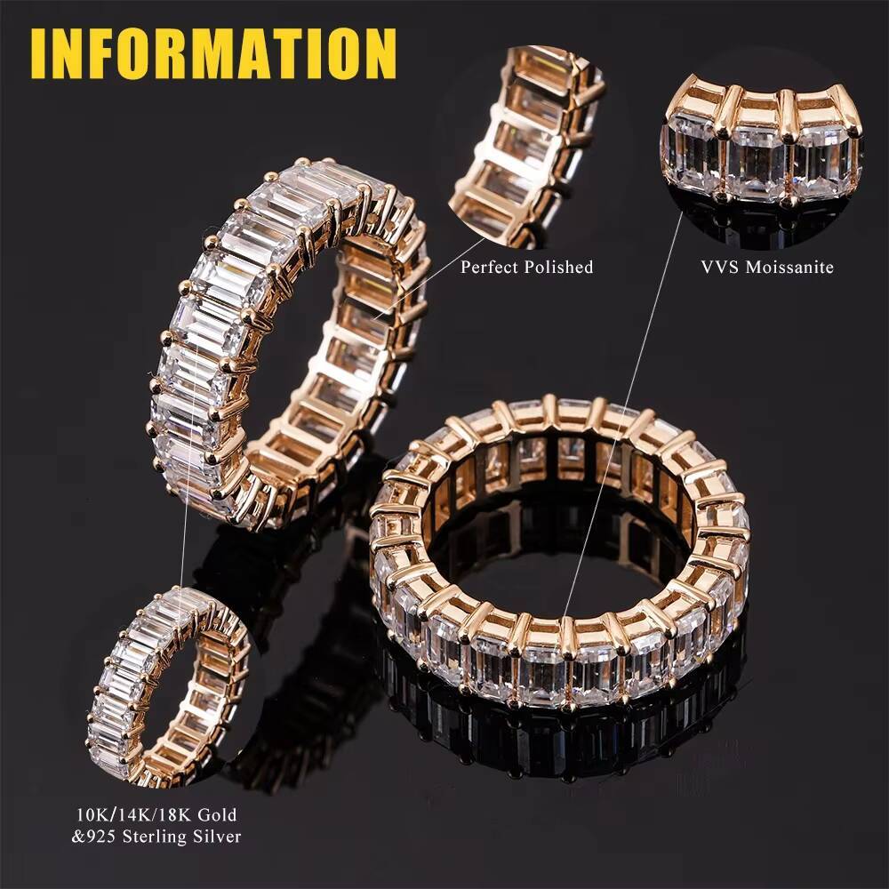 Wholesale Price 925 Sterling Silver Mens Engagement Ring Trendy Emerald Cut Prong Set Moissanite Eternity Band Ring