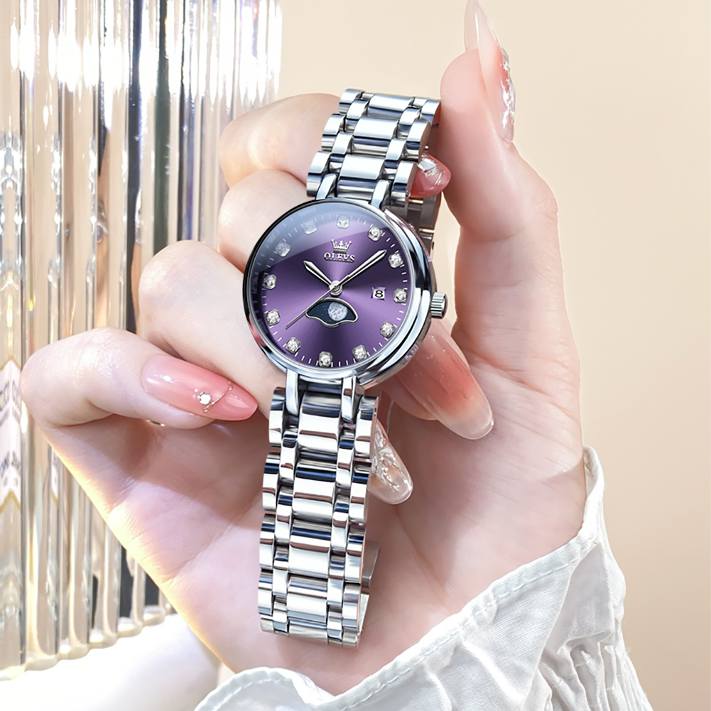 OLEVS Ladies' watch with a stylish, gentle, and high aesthetic value, niche moon phase, simple, waterproof quartz women's watch