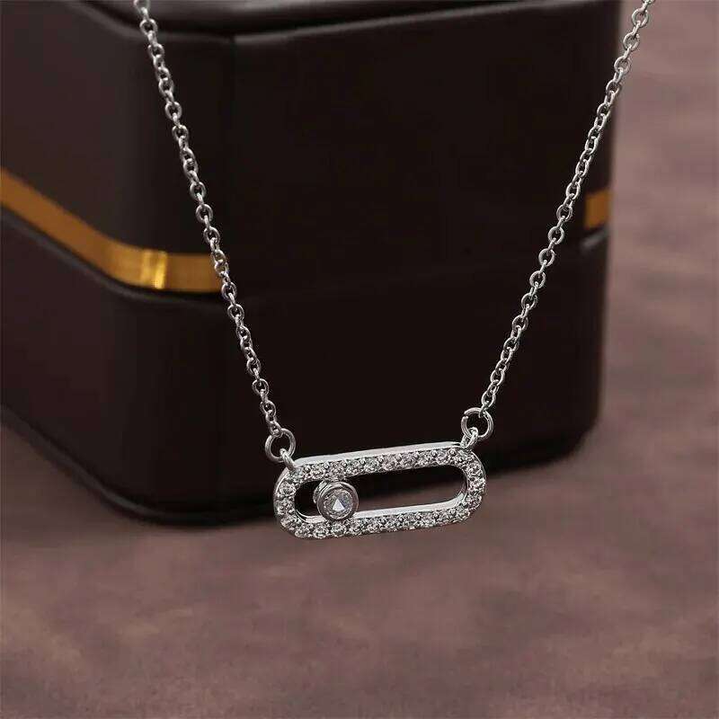 Creative Paper Clip Sided Square Pendant Necklace for Women Single Zircon Double Pin Geometric Necklaces Jewelry Gifts