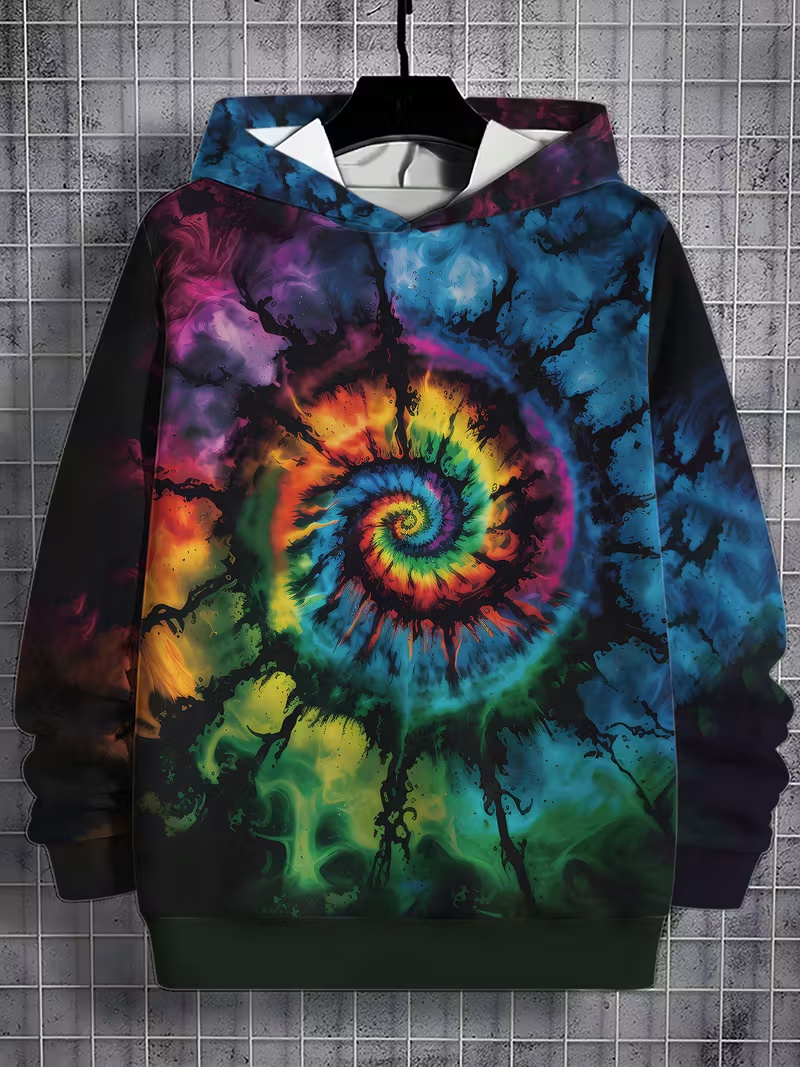 Trendy Tie-Dye Style Men's Hoodie Vibrant Spiral Nebula All-Over Print 3D Graphic Unique Streetwear Oversized Relaxed Fit Pullover Hoodie