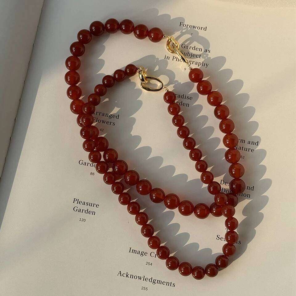 ZAKOL 8mm/10mm Dark Red Agate Natural Stone Strand Beaded Necklace Double Toggle Clasp Sweater Chain Choker for Women