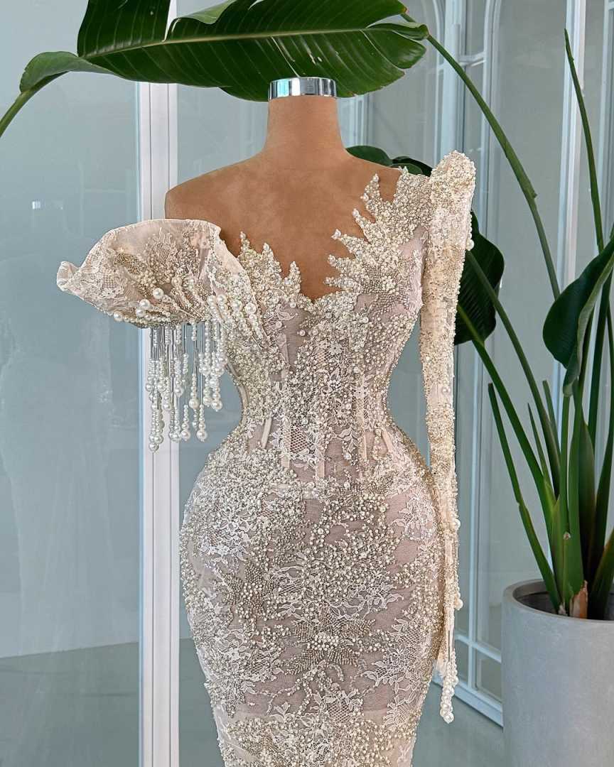 Sexy One Shoulder Prom Dresses Fashion Beaded Pearls Sequined Evening Dress Floor Length Lace Party Gown Customized