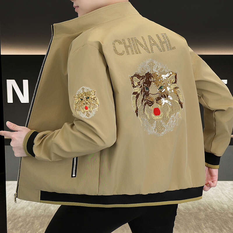European Brand Fashion Embroidered Lion Men's Spring And Autumn Hot Diamond Domineering Tops Casual Stand Collar Jacket
