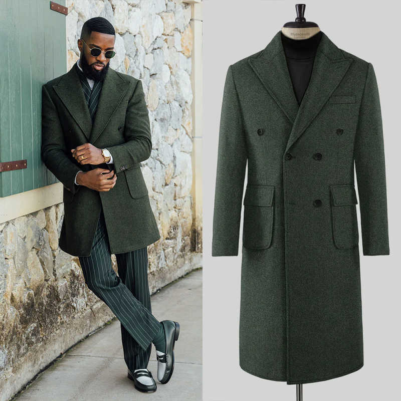 High Quality Men Woolen Overcoat Double Breasted Peaked Lapel Casual Occasion Commute Autumn Winter Warm Custom Made