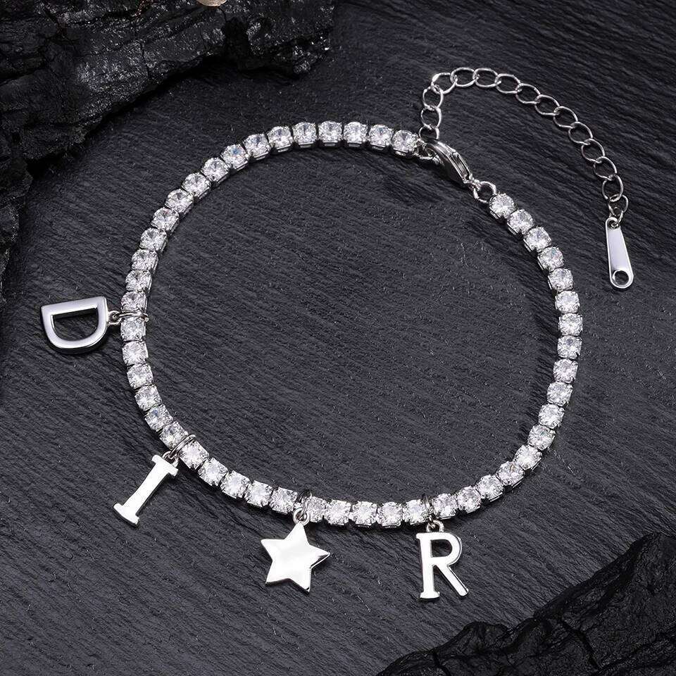 ZAKOL New Letter Pendant Round Zircon Claw Chain Bracelet for Women Shiny CZ Tennis Bracelets Aesthetic Jewelry Gift