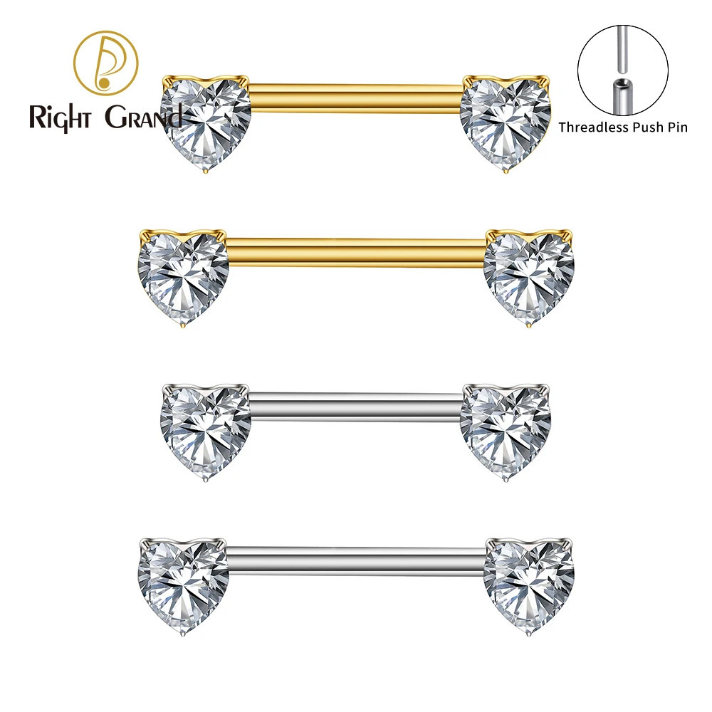 1Pc Right Grand ASTM 36 14G Heart CZ Nipple Ring Threadless Push Pin Straight Nipple Barbell Piercing Body Jewelry 251224