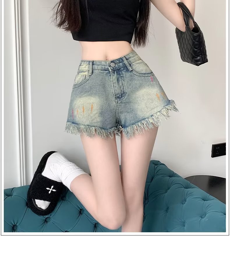 Vintage Washed Tassel Frayed Wide-Leg Slimming A-Line Denim Shorts for Women - Summer Outerwear Hot Pants
