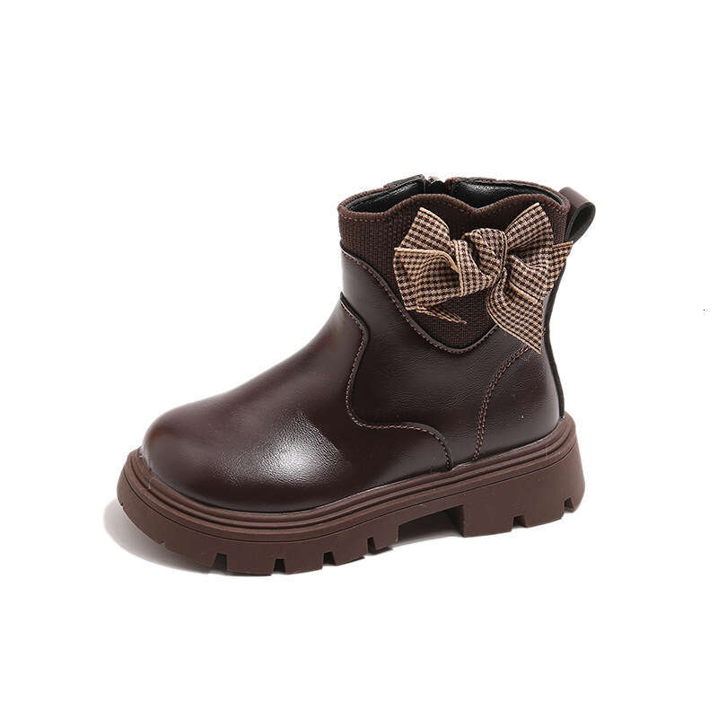 INS French Style Leather 2025 Autumn Winter New Korean Version Girls' Houndstooth Bow Martin Fleece-Lined Short Boots