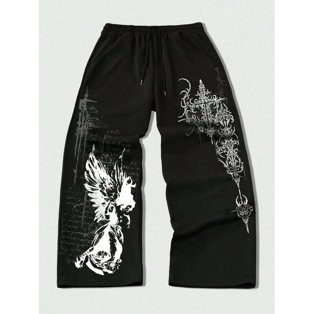 Amazon Foreign Trade European and American Cross-Border Printed Drawstring High Waist Loose Plus Size Straight Casual Long Pants for Women