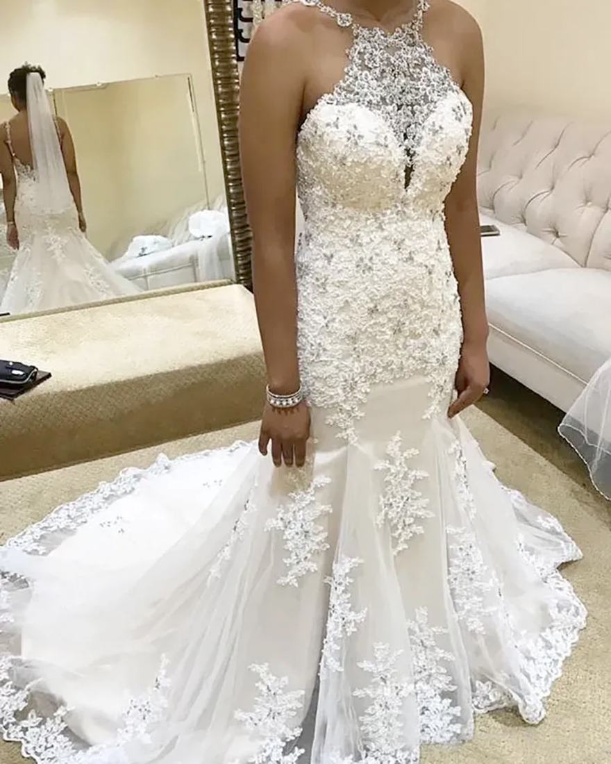 Wedding Dresses White Bridal Gowns Ivory Formal Mermaid Trumpet O-Neck Sweep Train Applique Tulle Beaded Crystal Zipper Lace Up Plus Size New Custom S