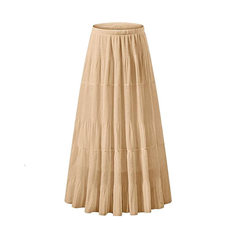 Women's Casual High-Waisted Elastic Waistband Ruched A-Line Flared Layered Long Half Skirt