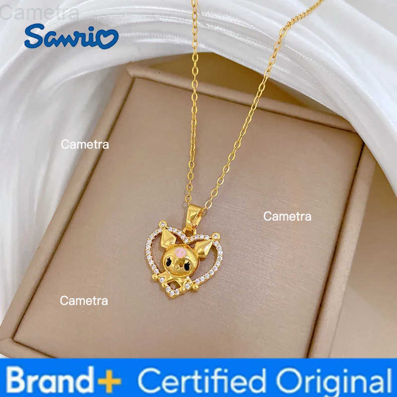 Sanrio Stainless Steel Chain Necklace Cute Kuromi with Zircon Love Heart Pendant Necklace for Women Girls Cartoon Jewelry Gifts H251229