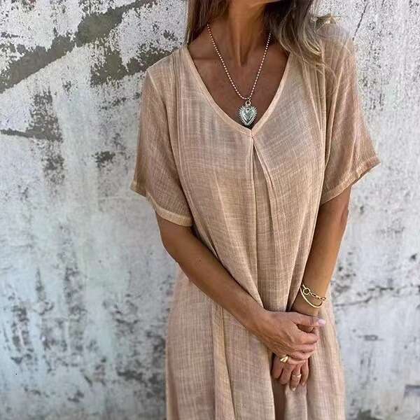 Dress for women Comfortable Soft Casual Home Dress, Cotton Linen V-Neck Relaxed Loungewear