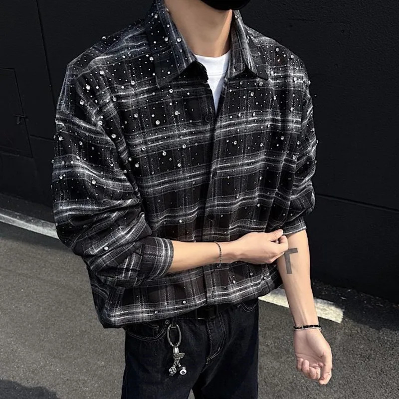 WVGA Spring Autumn Man Gypsophila Heavy Diamond Trendy Long Sleeve Shirts Niche Chic Casual Plaid Shirt Ins W10345 251223
