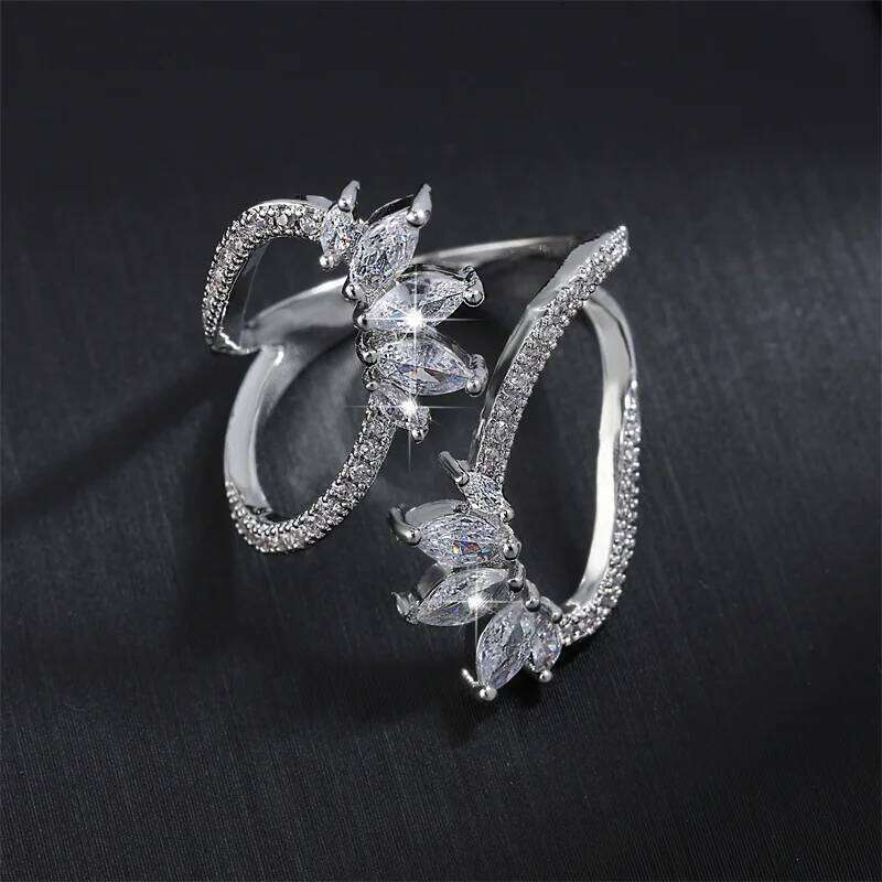 ZAKOL Cute White Geometric Zirconia Leaf Open Adjustable Rings for Women Party Jewelry 2023 New