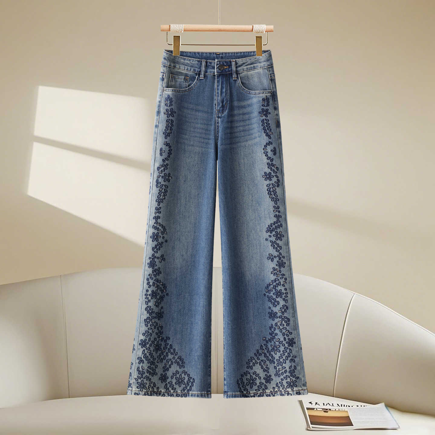 Autumn New Heavy Work Pressed Diamond High-end Sense Waist Jeans for Women Design Sense High Waist Wide Leg Pants Long L251229