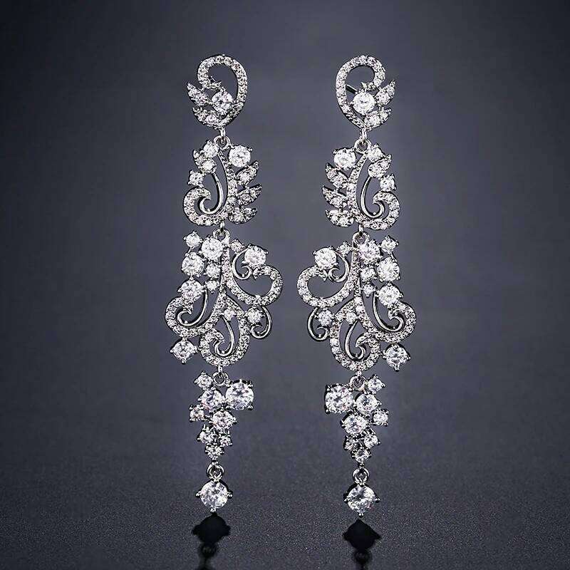 ZAKOL Luxury Shiny AAA Cubic Zirconia Hanging Earrings for Women Imitation Pearl Bridal Long Earring Women's Wedding Jewelry