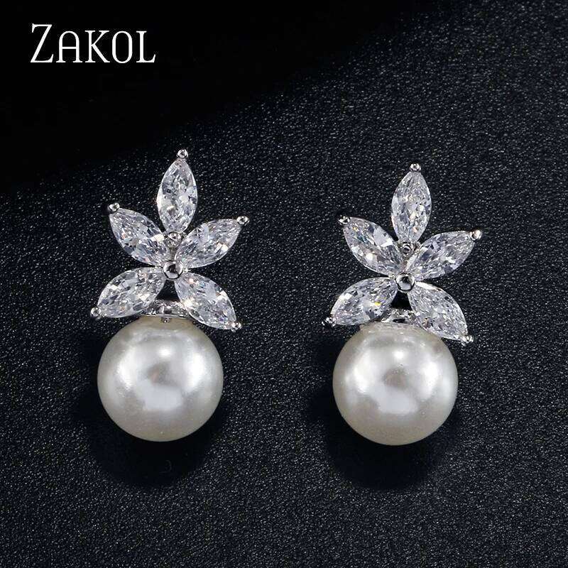 ZAKOL Clear Marquise Zircon Imitation Pearl Stud Earrings Temperament Bridal Wedding Party Jewelry