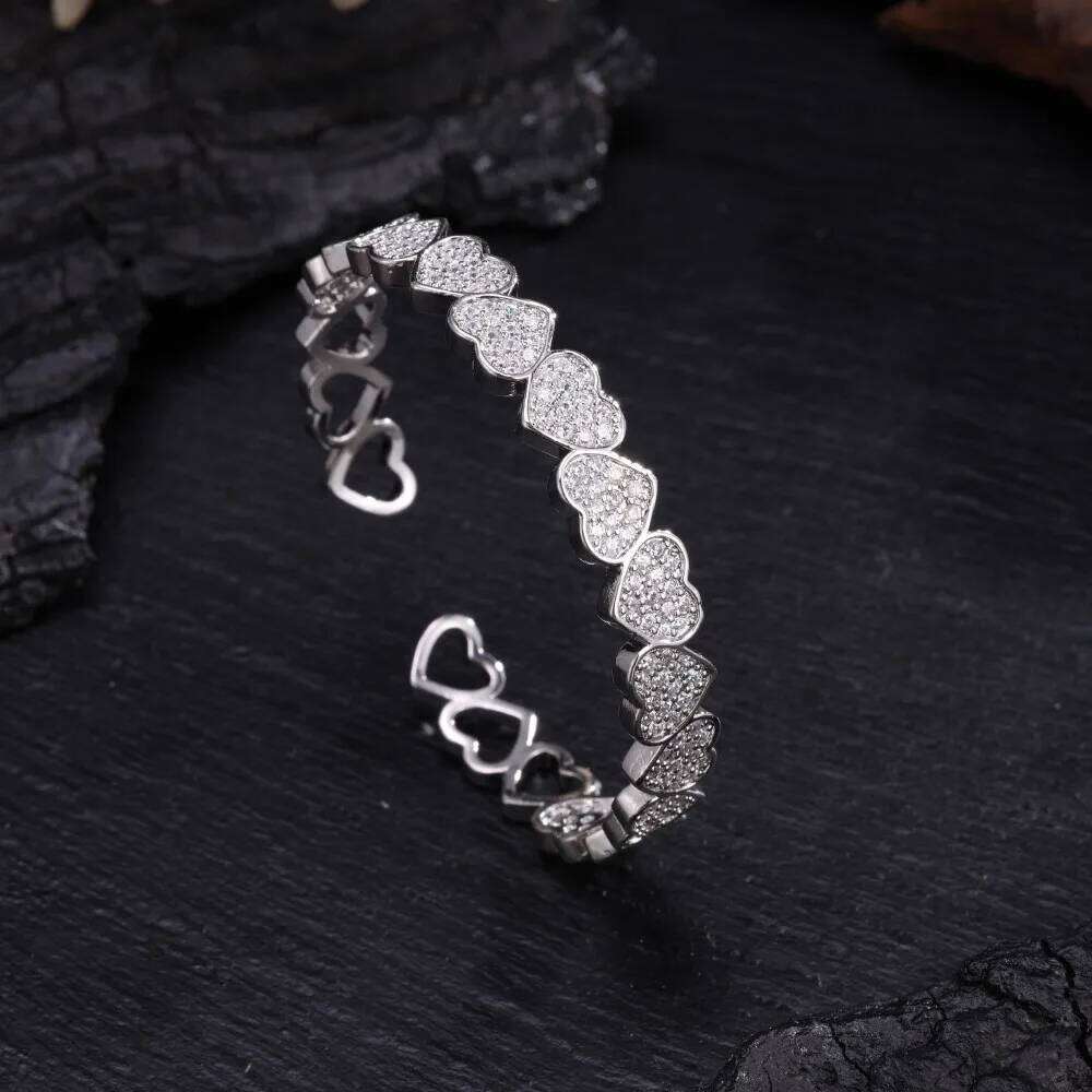 ZAKOL Luxury Buling Zirconia Heart-Shaped Open Bracelet Ring for Women Men Exquisite Hip-hop Rock Jewelry Couple Gift