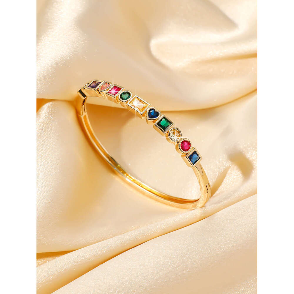 Vintage Personality Simple Versatile Elegant Hand Jewelry Japanese and Korean Style Micro Inlaid Colorful Zircon Bracelet Heart Geometric Bangle