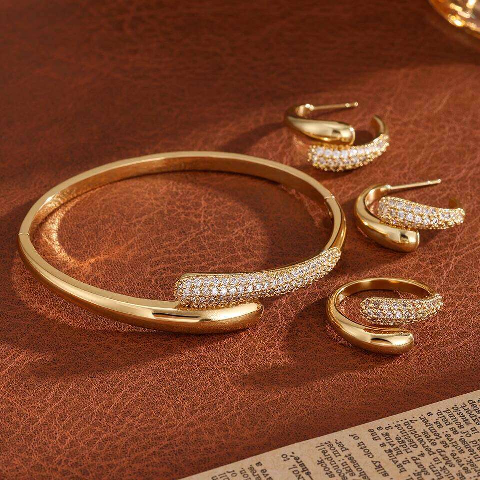 ZAKOL 3Pcs/Set Micro-inlaid Zircon Water Drop Open Bracelet Ring Earrings Set for Women Luxury Wedding Party Jewelry Sets